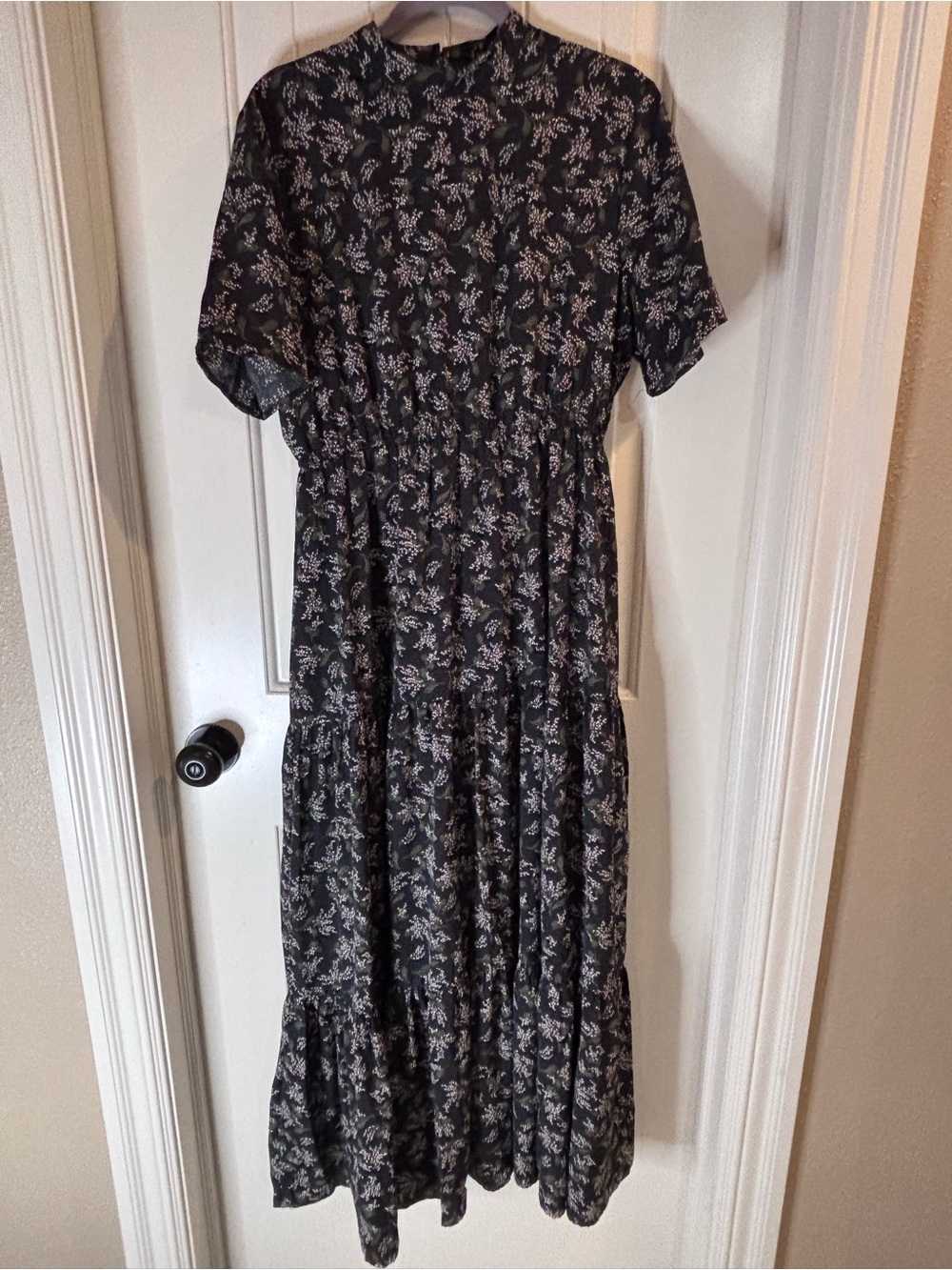 Black Floral Tiered Maxi Dress with Modest Neckline